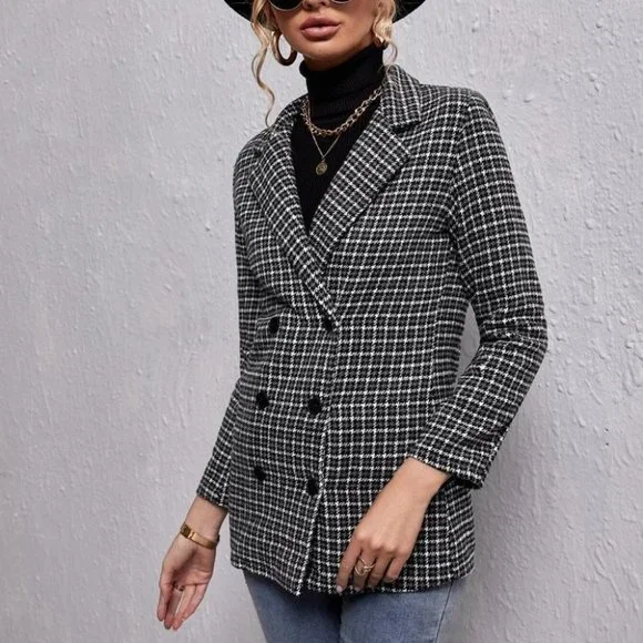 double breasted houndstooth & plaid print blazer chic - Picture 5 of 5